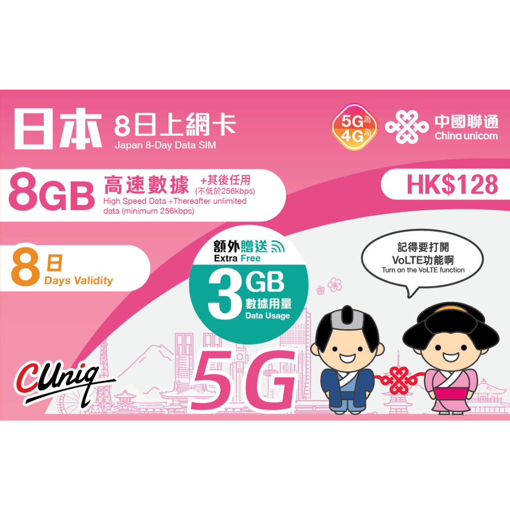China unicom 中國聯通｜8日/8GB（額外贈送 3GB）｜日本｜上網卡 5G/4G 無限上網數據Sim卡