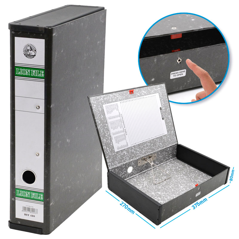 Lion Box File BFF480 – Durable Paperboard Filing Box (68mm Spine, Black, Spring Clip + Lid Catch)