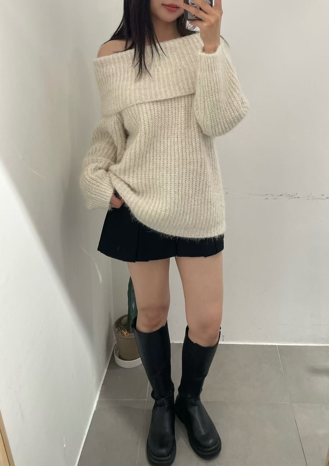 【 Goodbye Winter,🧸 | 氣質女孩！粒粒混色針織兩穿反領一字膊OPS🤎】 Bear Off Shoulder Ops(兩色入)