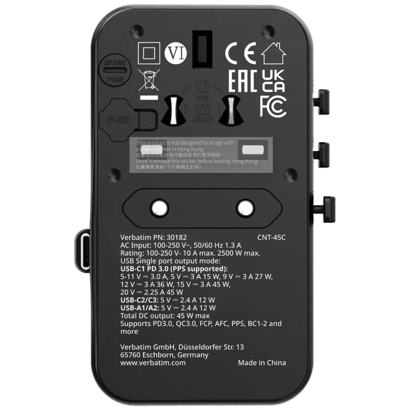 香港行貨 一年保養 Verbatim(威寶) Charge 'n' Travel 45W 通用旅行轉插 (附USB-C可伸縮充電線) 30182