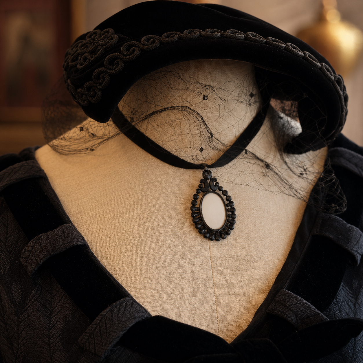 Victorian Mourning Style Black Photo Frame Pendant with Vintage Ribbon Choker(AS062)