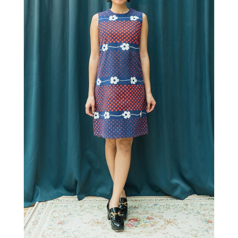 Vintage Japanese MOD Floral Pattern Handmade Sleeveless Shift Dress(MT1541-7)