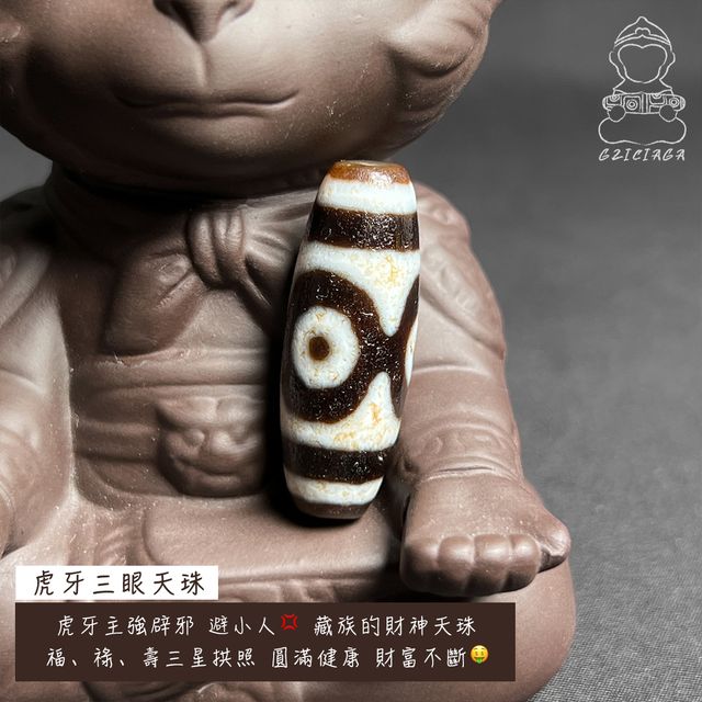紅朱砂　虎牙三眼 藏传臻品至纯油润天珠，白沁至纯朱砂虎牙金刚六眼天珠，大量红