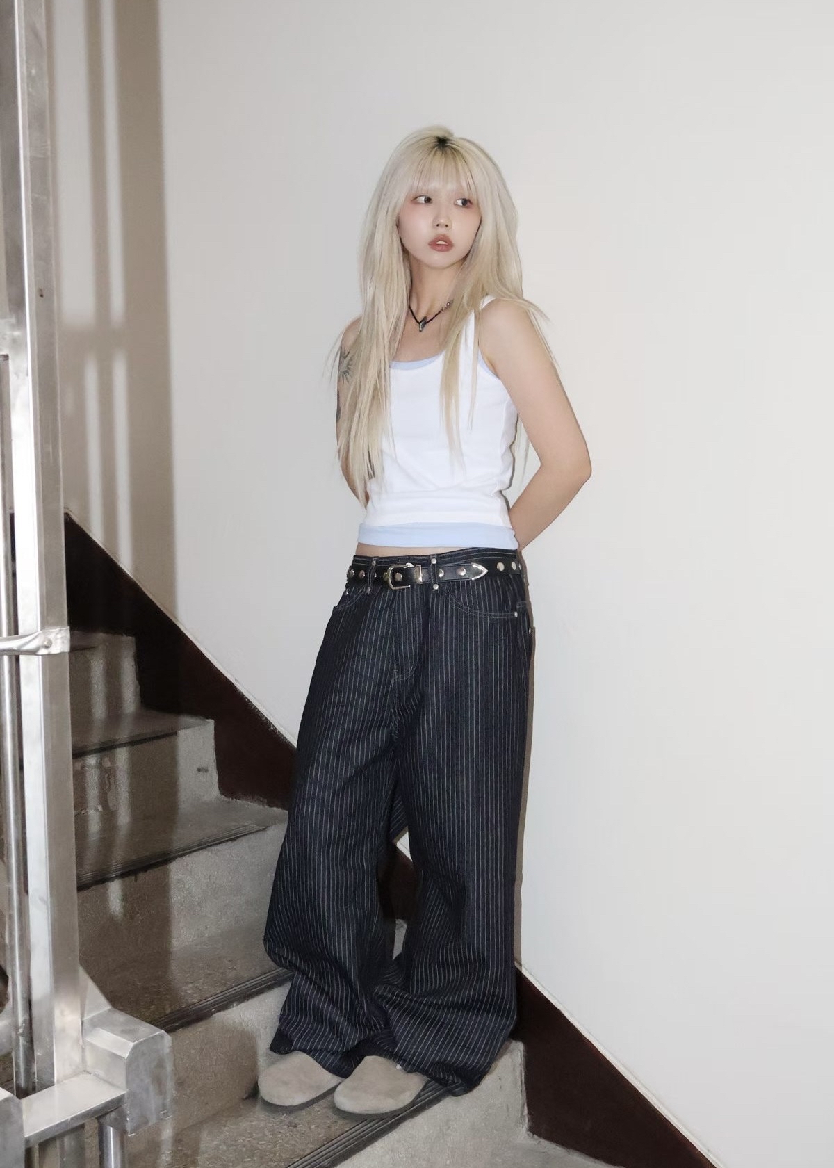 Studded Stripe Wide Denim Pants
