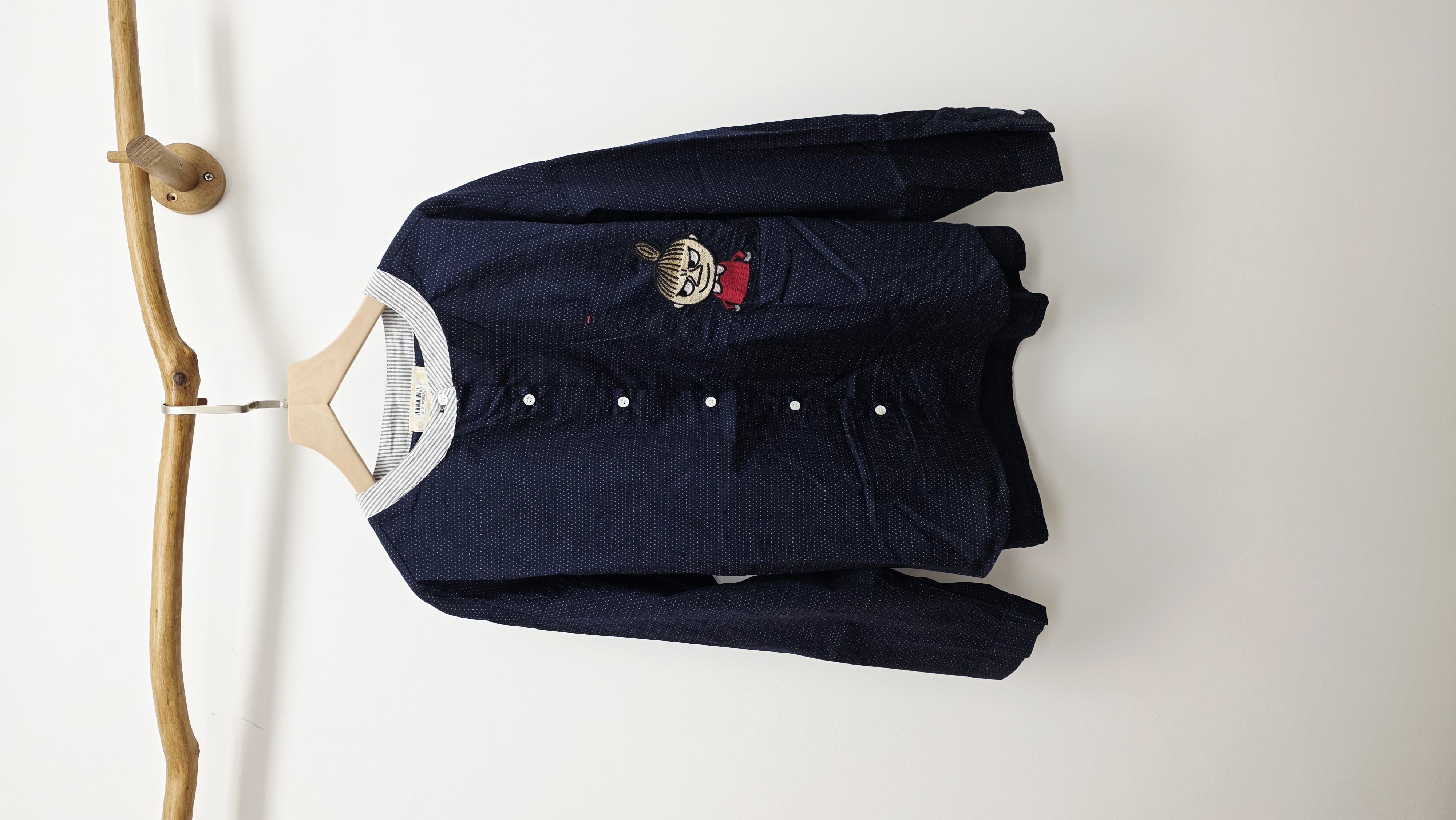 韓國深藍波點公仔刺繡開胸棉麻裇