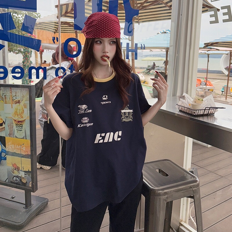 B269(00291) 美式复古机车风撞色圆领边蓝上衣 