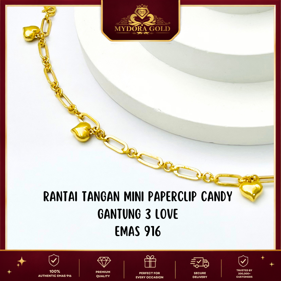 MYDORA Rantai Tangan Mini PaperClip Candy Gantung 3 Love | EMAS 916/22K