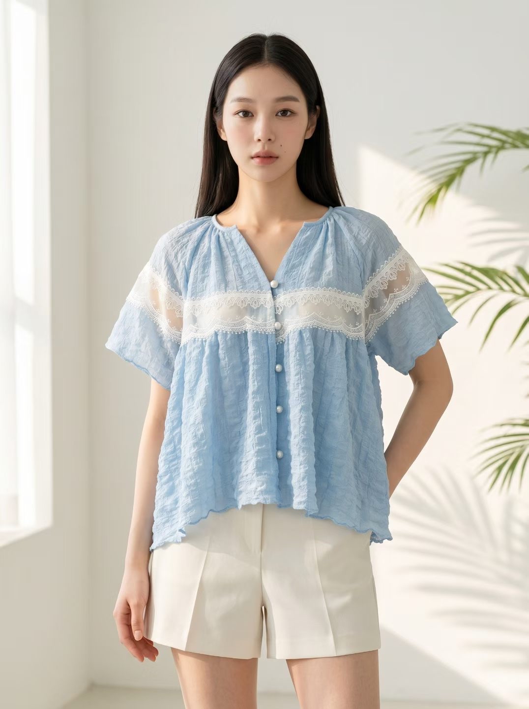AD9 皺皺拼接蕾絲綿麻襯衫