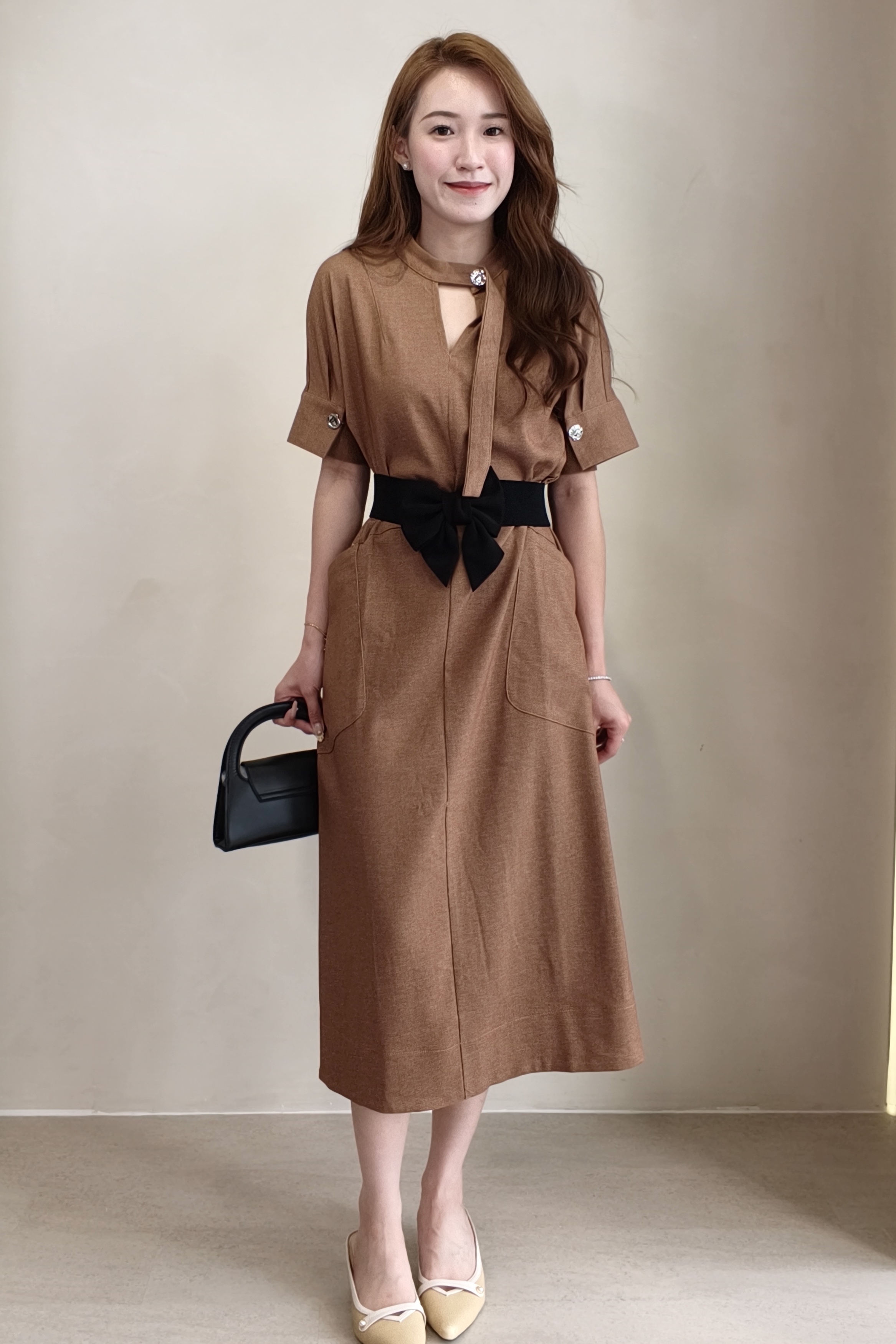 E8274BD Belted Mandarin Collar Dress