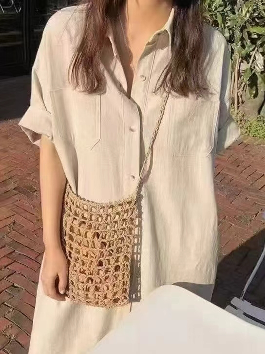 Relaxed Fit Cotton-Linen Shirt Dress with Full Button Front‖ 棉麻质感宽松排扣衬衫式连衣裙 KR029445