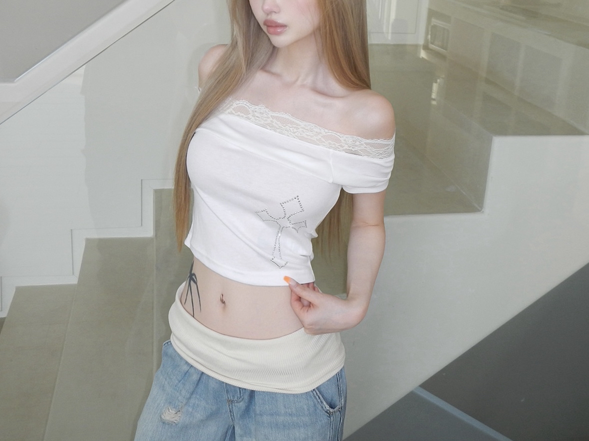 Rhinestone Cross Lace Trim Crop Top