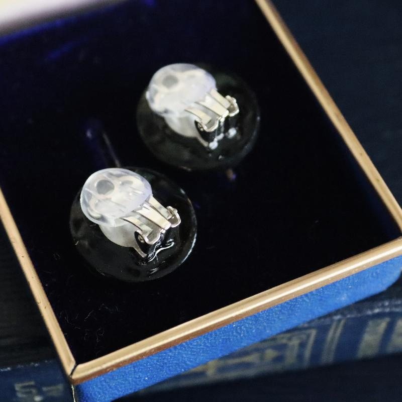 Antique Early 20th Century Czechoslovakian Embossed Floral Pattern Glass Button Remade into Clip Earrings(MY1620)