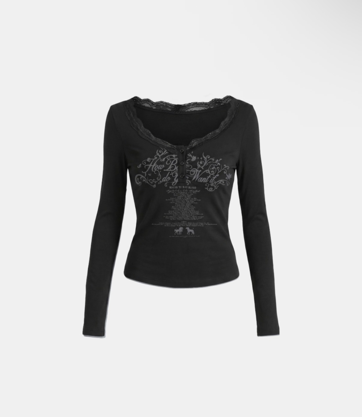 BADBLOOD新款[w-tee26-167] DO YOU WANT IT Lace Henley Long Sleeve - Black