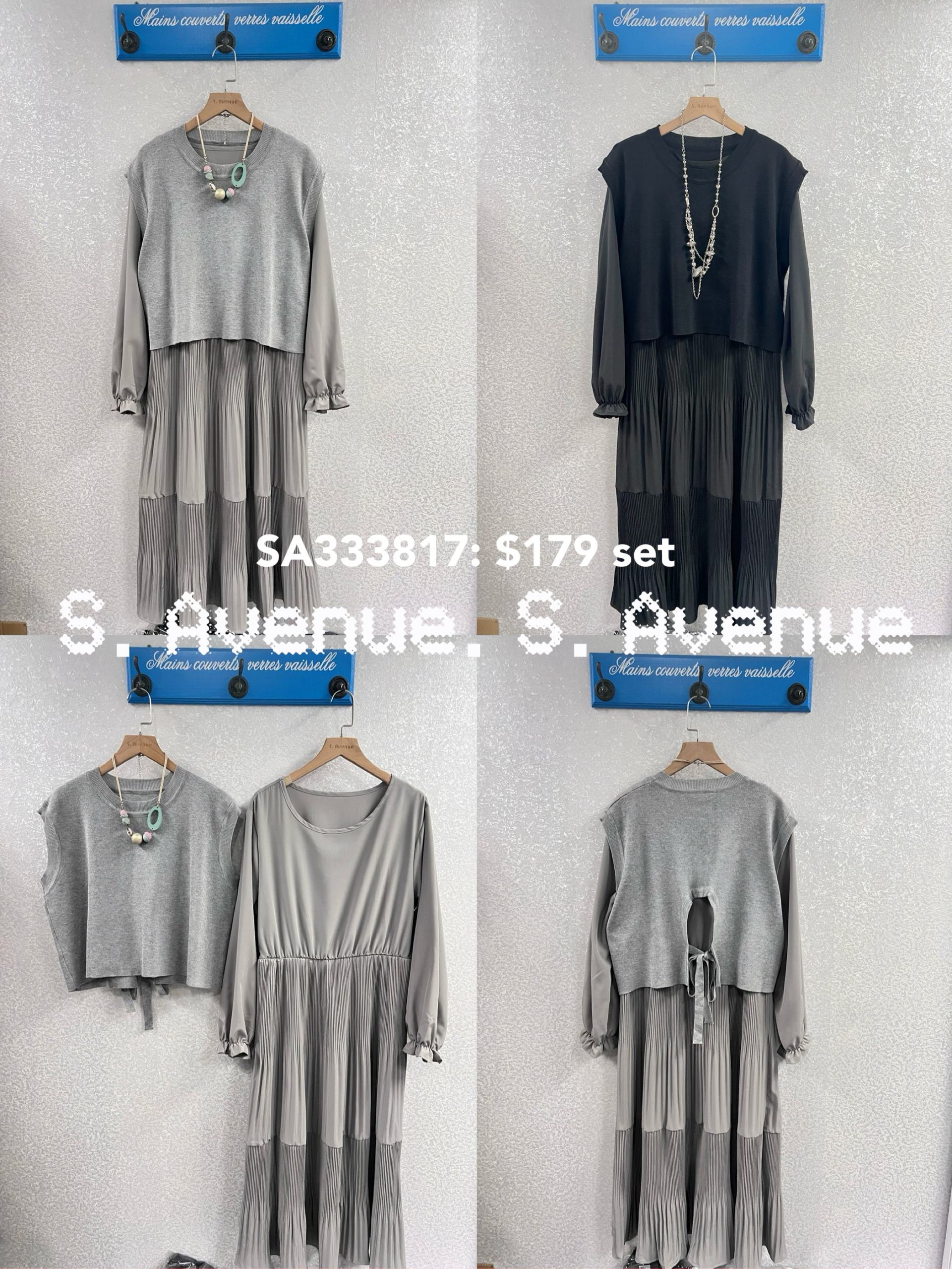 SA333817: 長袖雪紡下壓撍op配後綁帶背心