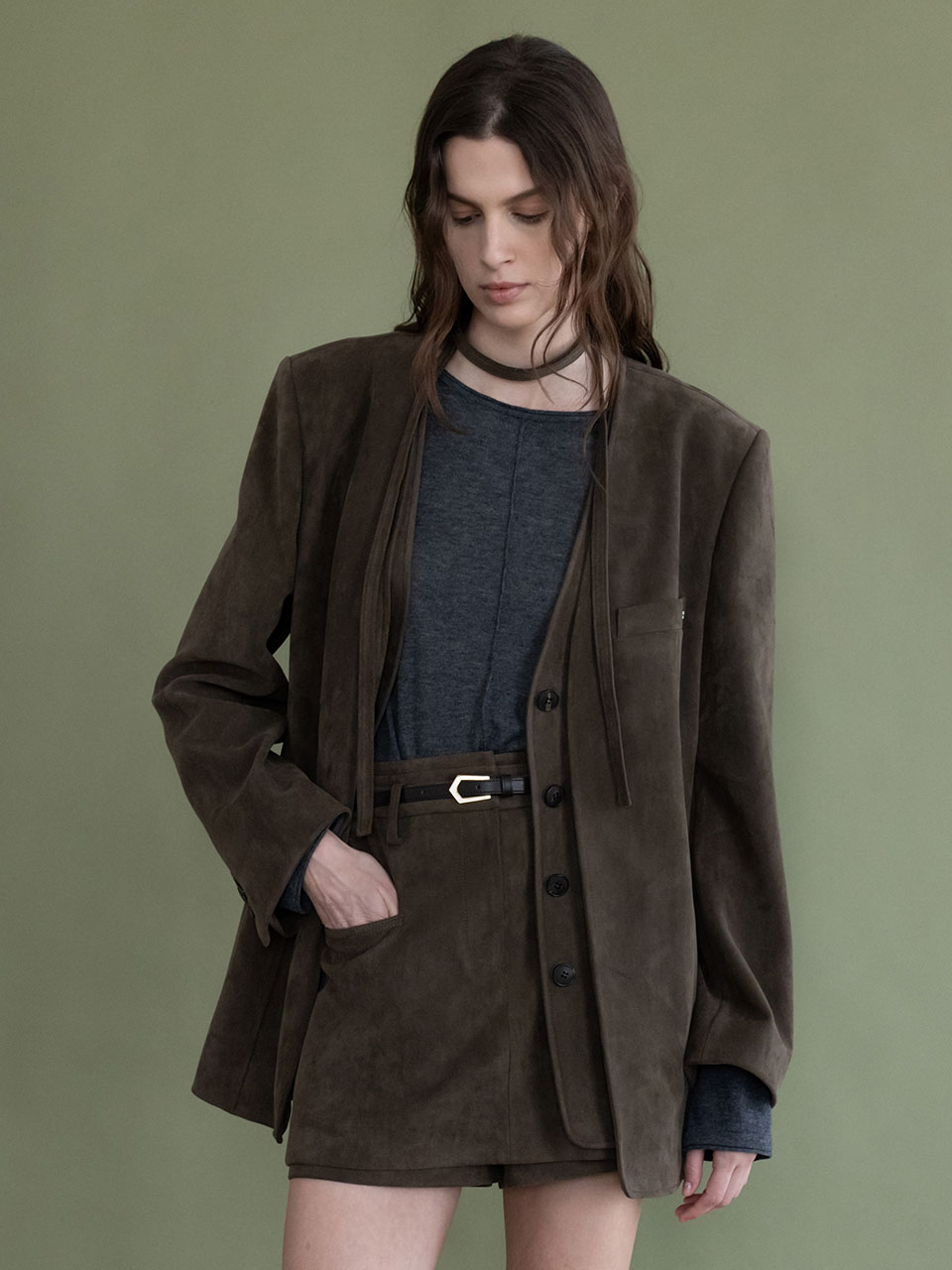 LOEUVRE Suede Layered Vest Jacket 麂皮假兩件層次無領西裝外套