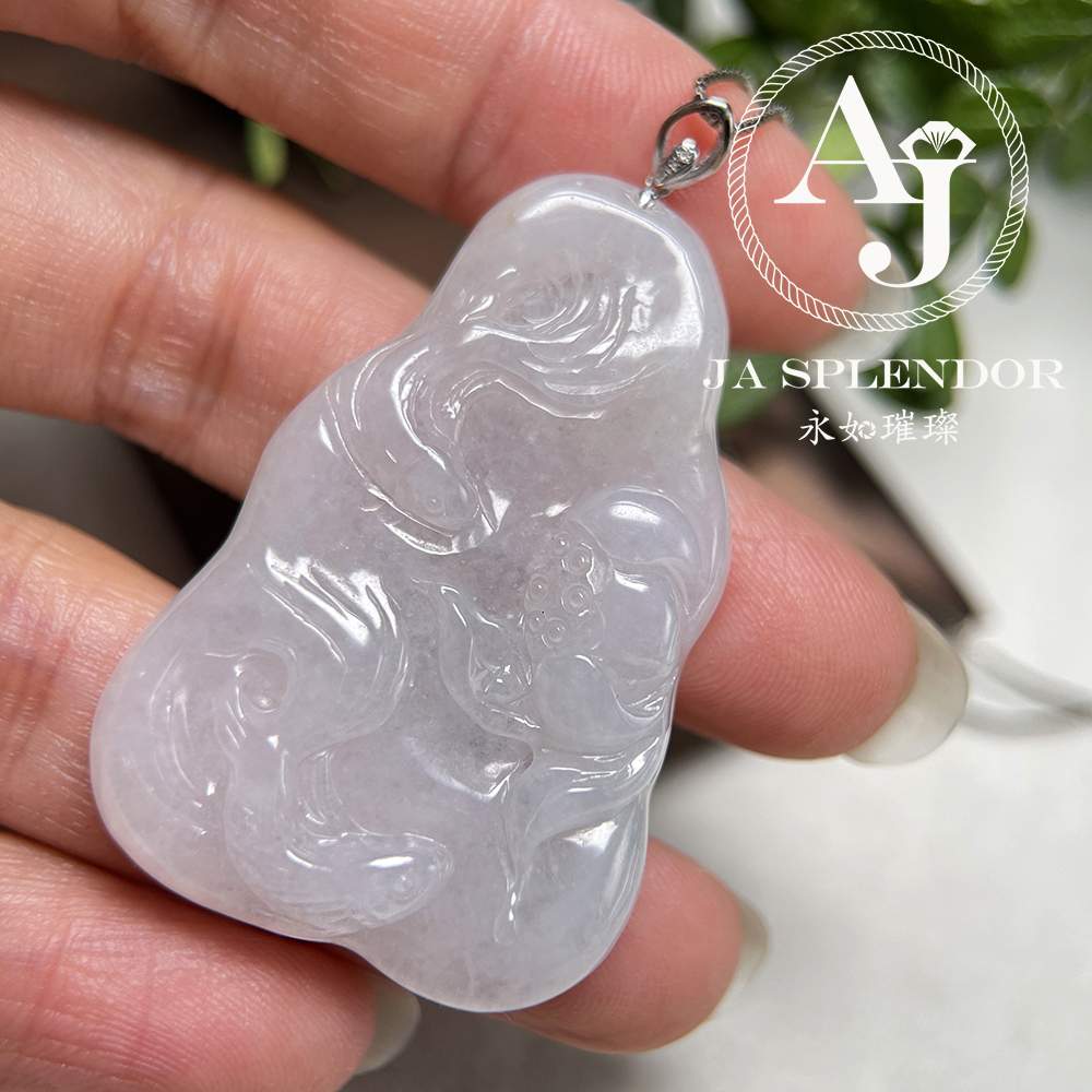 JNK-123 天然翡翠A玉 白翡蓮蓮有魚(連年有餘)18K金吊墜