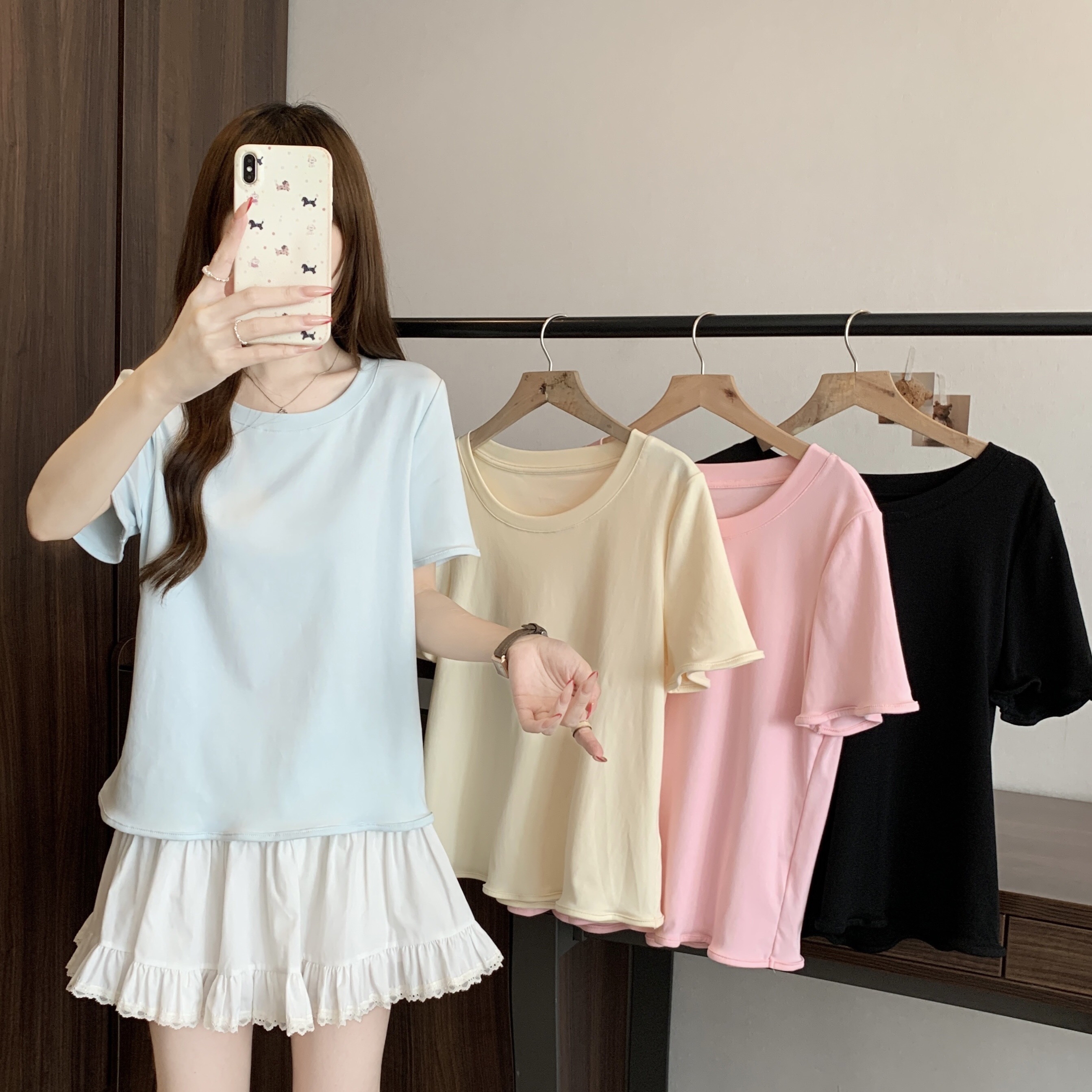 B230(81018) 韩版INS风圆领木耳边短袖与下摆4色上衣