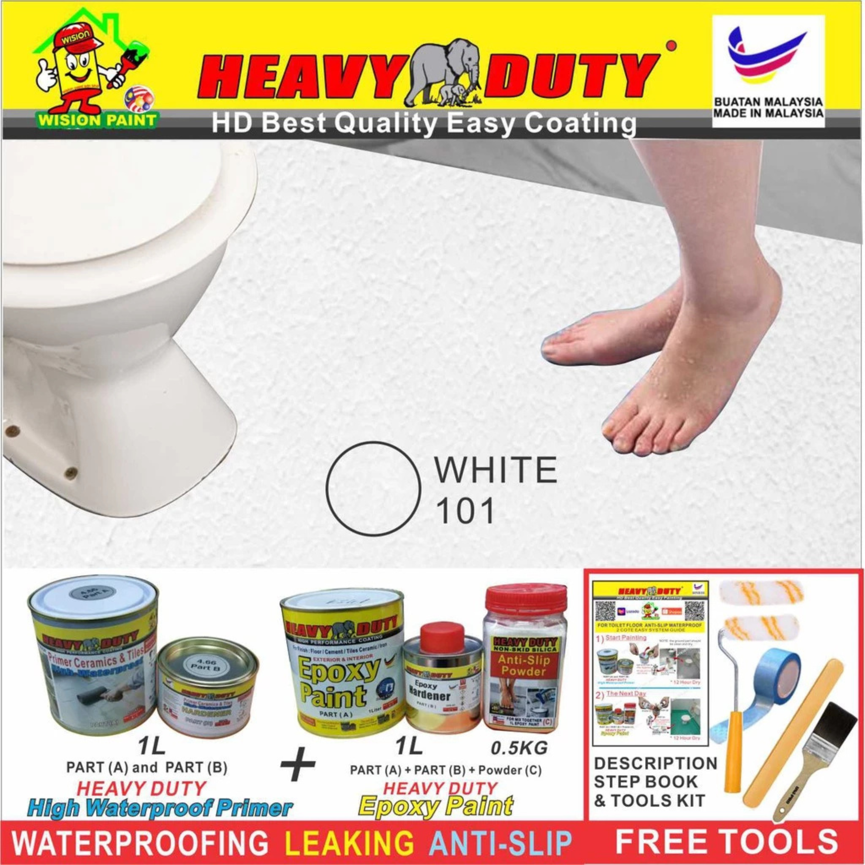FULL SET (HEAVY DUTY BRAND) Floor Coating (Free Paint Tool Set) 1L Tile Primer + 1L Epoxy Colour + 0.5kg Non-skid Silic