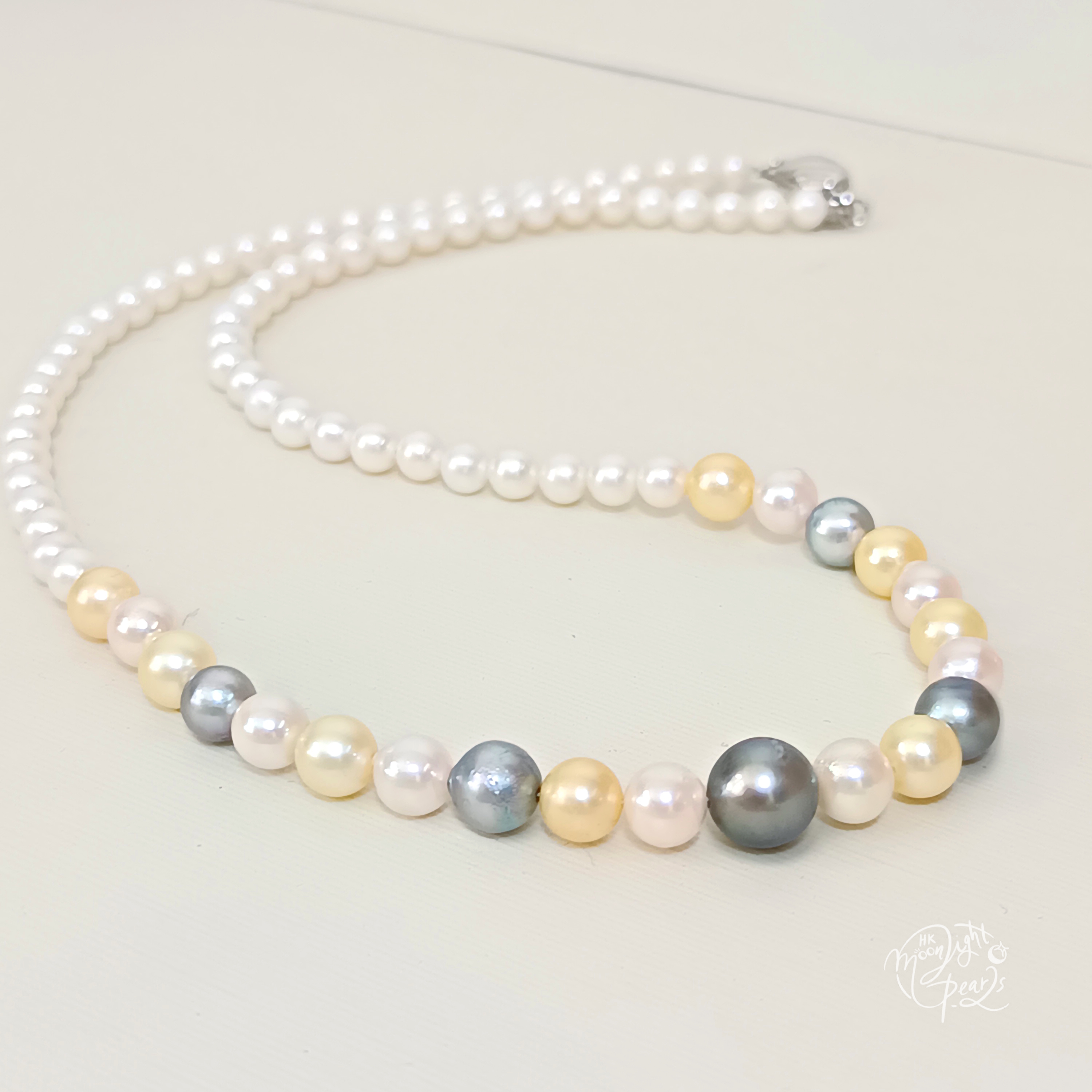 近正圓強光淡水Ak白細胞珍珠+日本akoya 糖果色海水珍珠+大溪地珍珠925銀扣項鍊