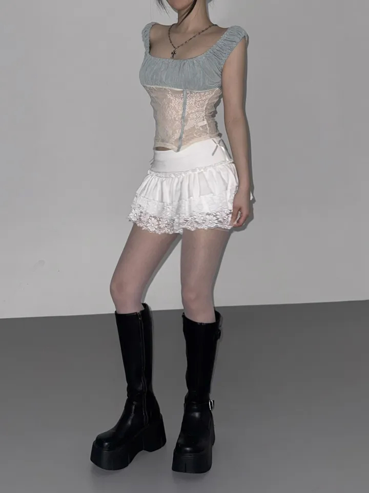 Ruched Sheer Lace Panel Corset Top