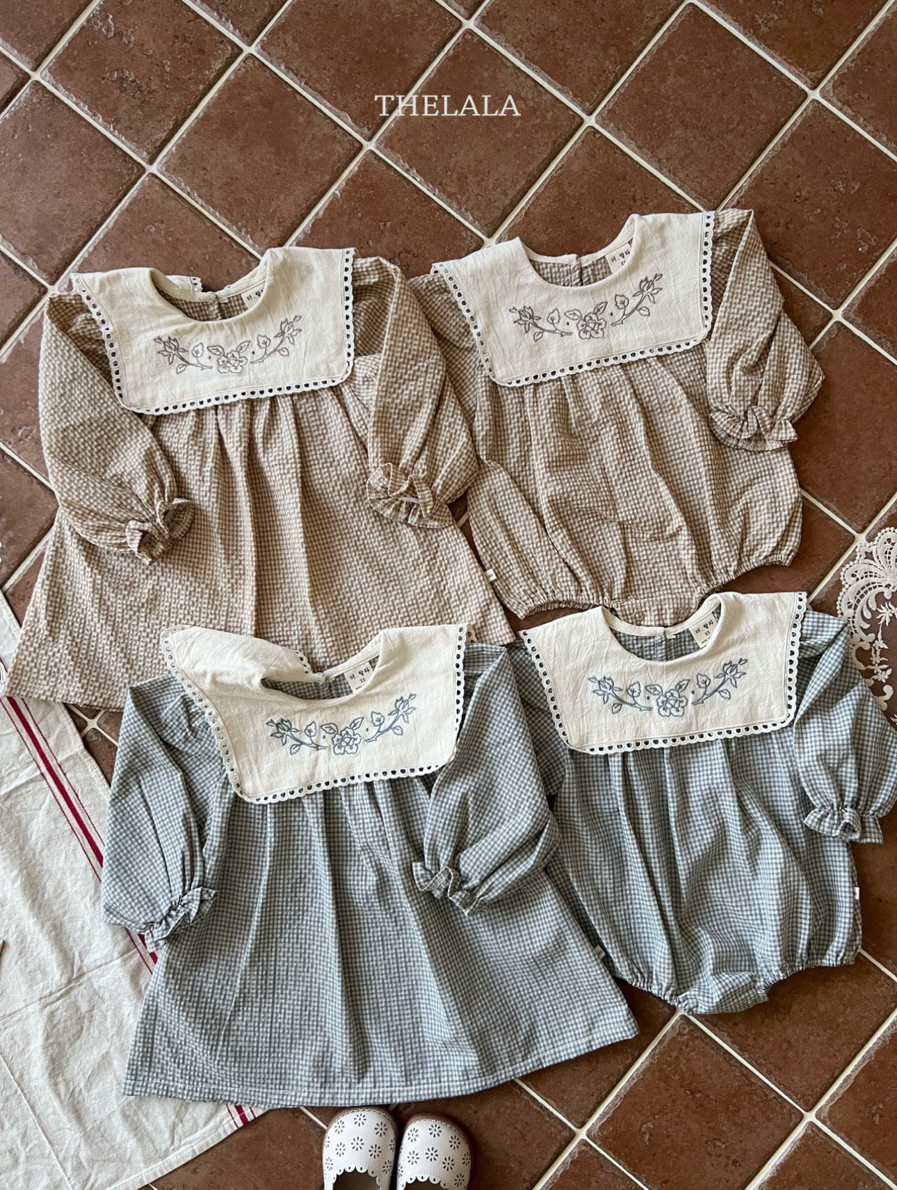 🌸預訂 韓國直送🌸🇰🇷THELALA兩色花卉刺繡方形翻領格紋長袖連身裙