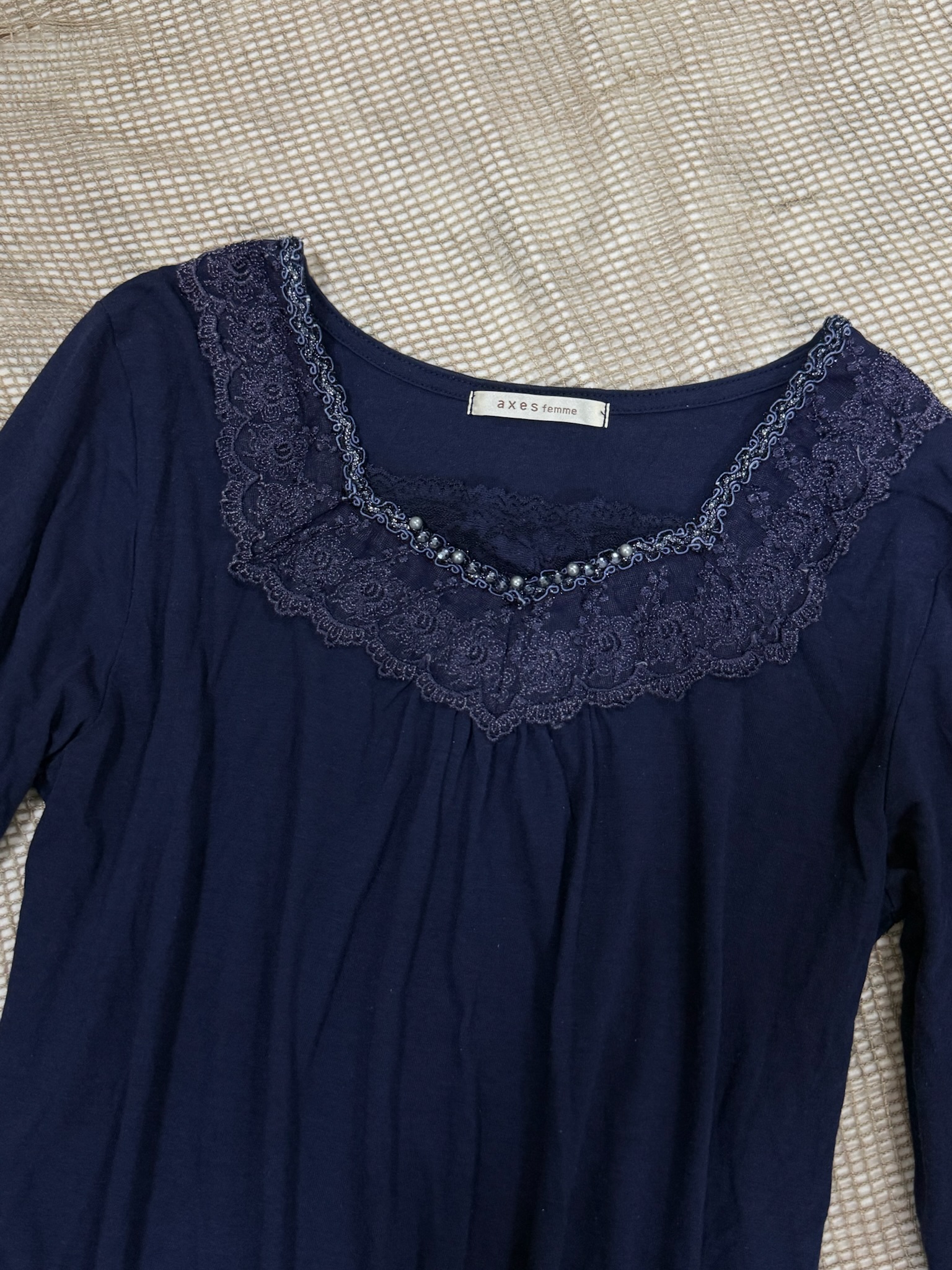 Dark Navy Lace-Trim Scoop Neck Top with Pearl Accents