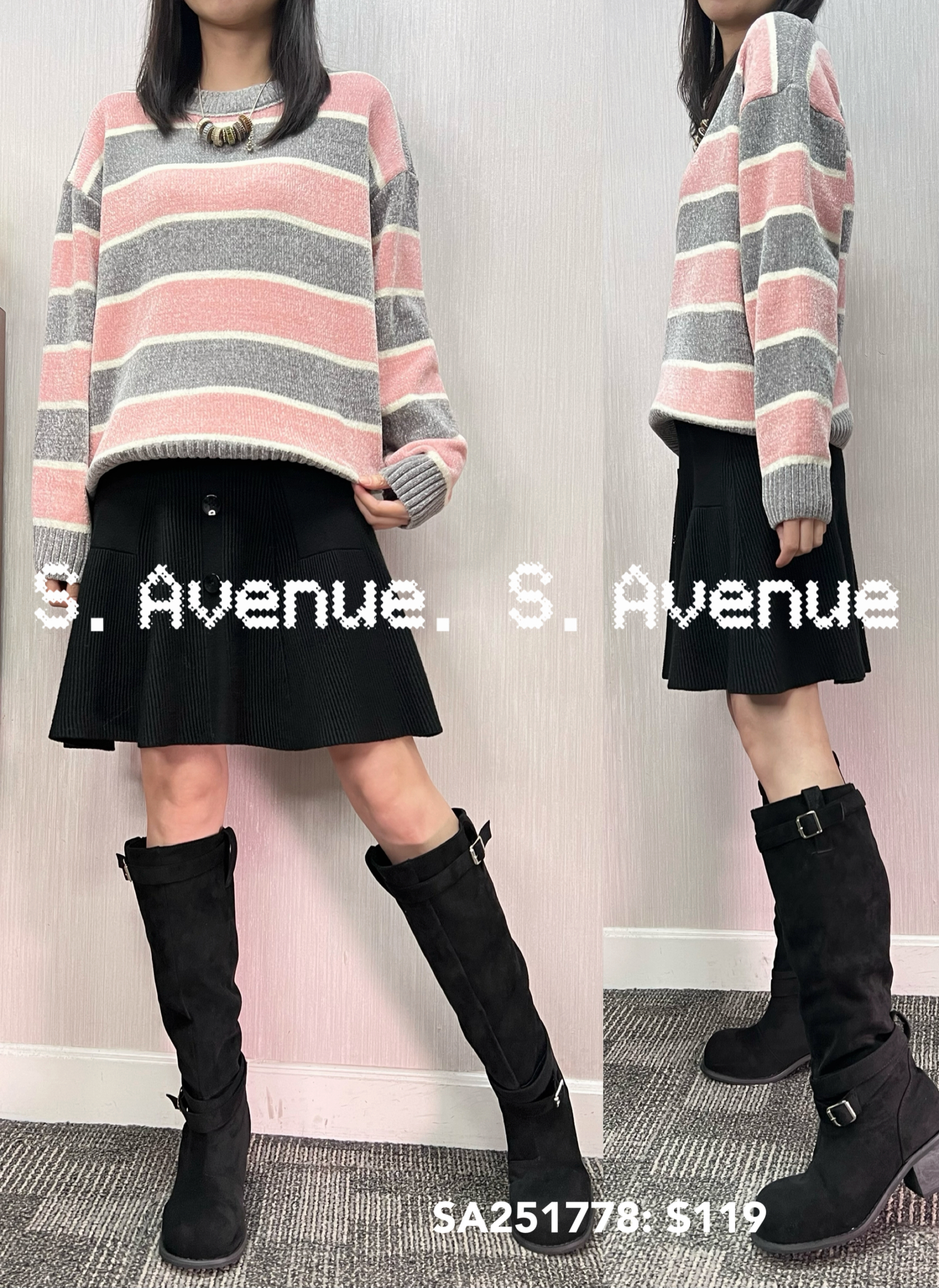 SA251778: 長袖滑絨冷間條top