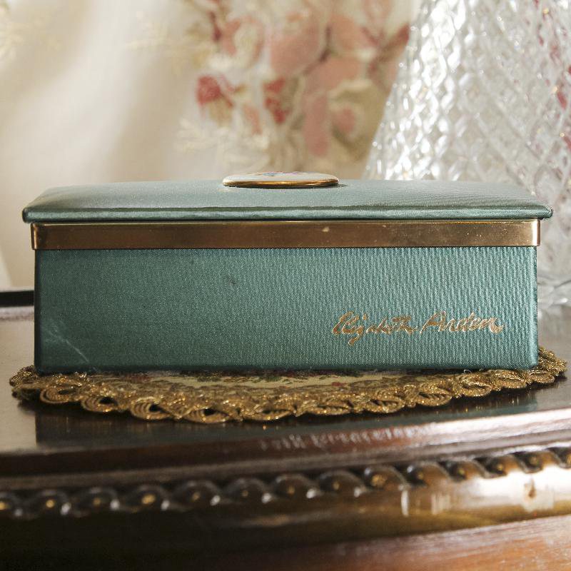 Elizabeth Arden Emerald Green Satin Box with Floral Porcelain from Germany(RU012)