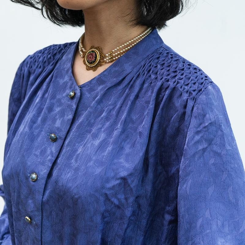 Vintage Purplish Blue Subtle Pattern Diamond Gathered Detail Elegant Day & Night Dress (MT1608-81)