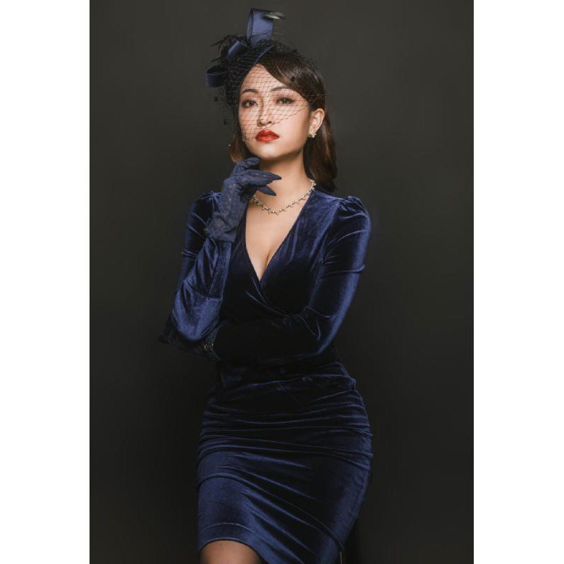 (SOLD OUT)Hollywood Era Ribbon Waist Cocktail Velvet Dress-Blue(FM128)