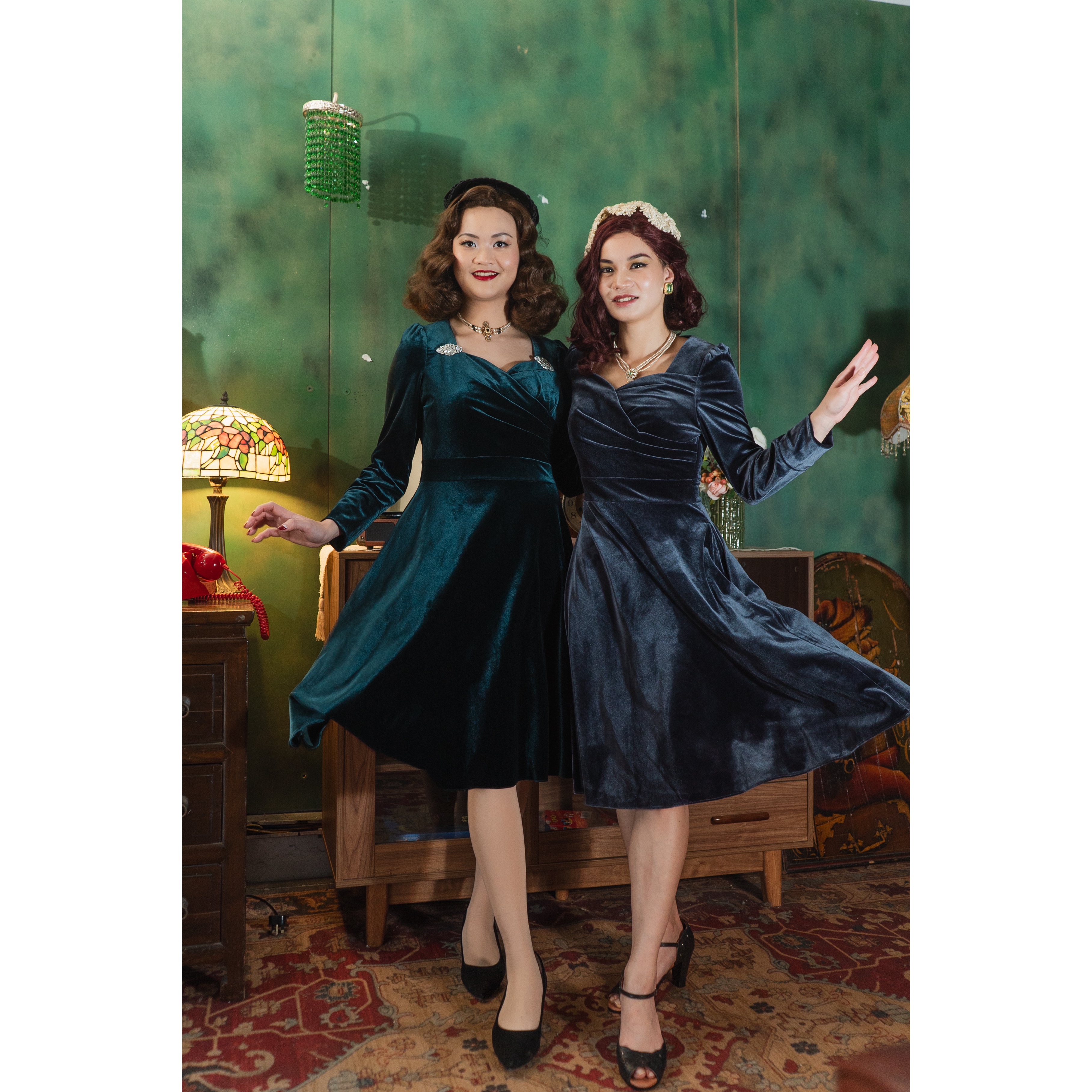 (Last L) Jewel Velvet Collection Sweetheart Wrap Swing Dress - Emerald Green (FM204)