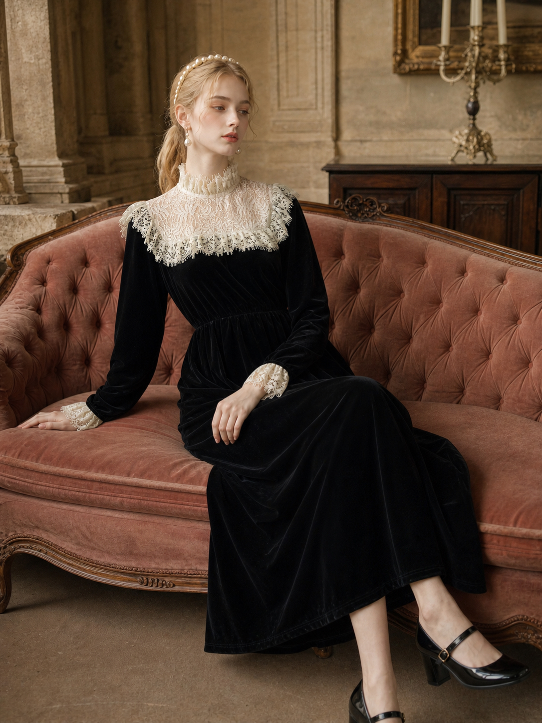 夜之魅影 ∙ 維多利亞宮廷復古絲絨蕾絲連身裙 Phantom of the Night ∙ Victorian Palace Vintage Velvet Lace Dress