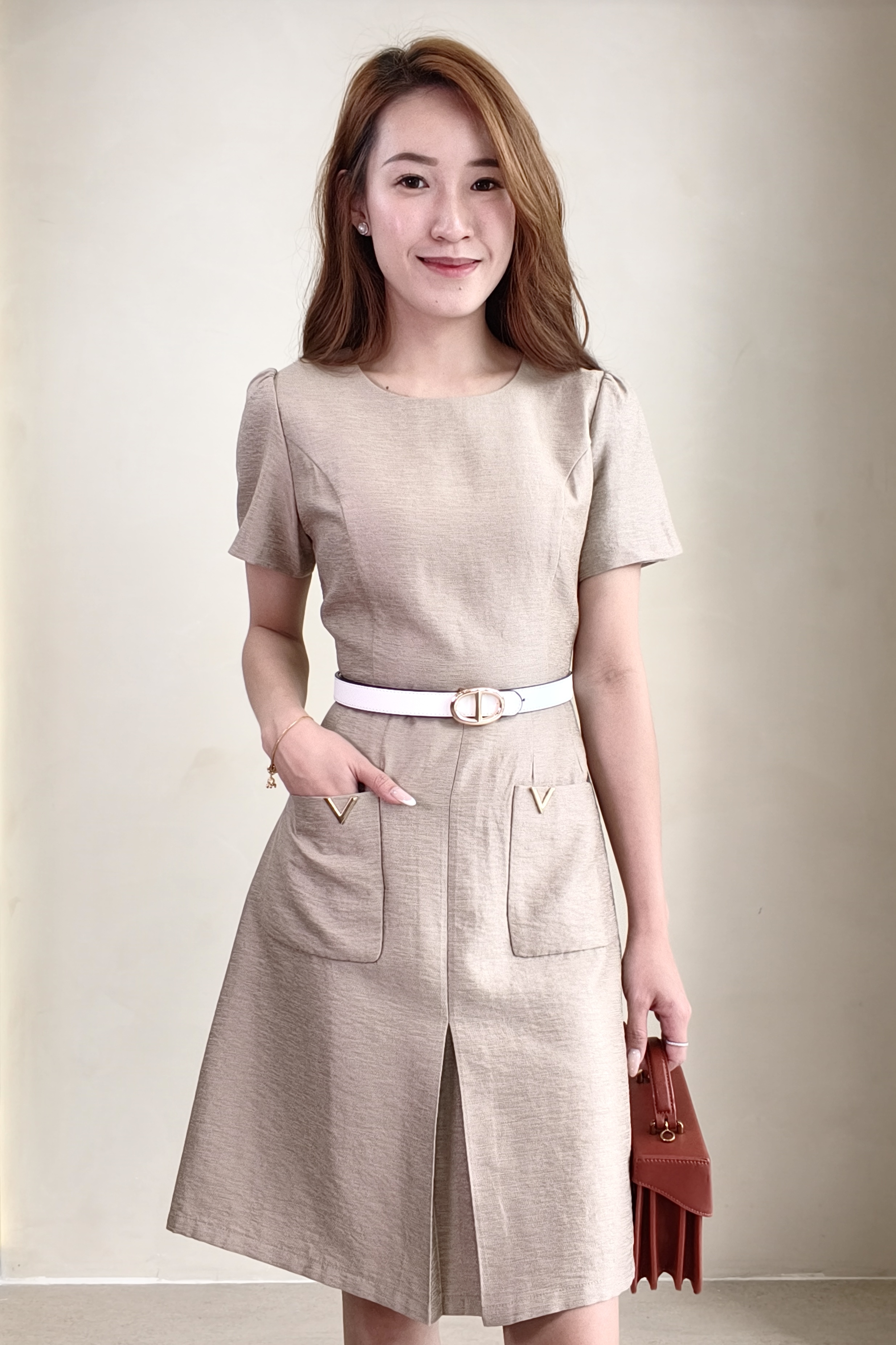 52175 Belted Pocket A-Line Midi Dress