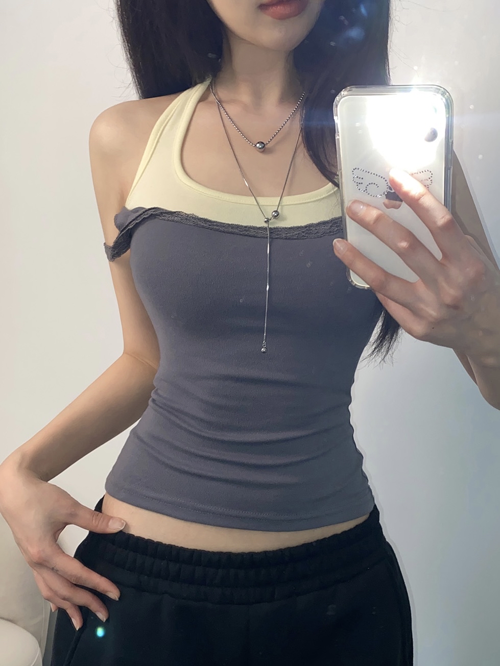 Lace-Trim Halter Layered Tank Top