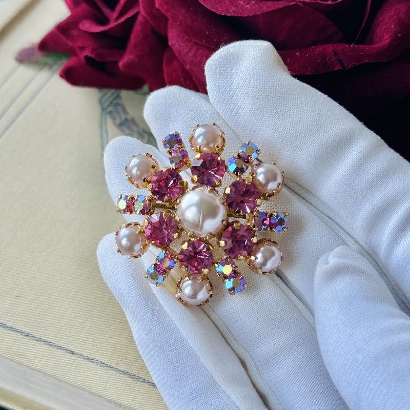 C.a. 1950-60s Pink Rhinestone and Faux Pearl Collar Brooch from Europe (MW240)