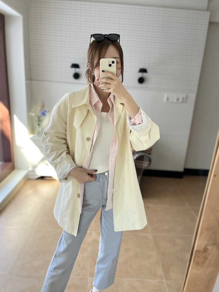 Stripe-Lined Relaxed Trench Coat (Cream)