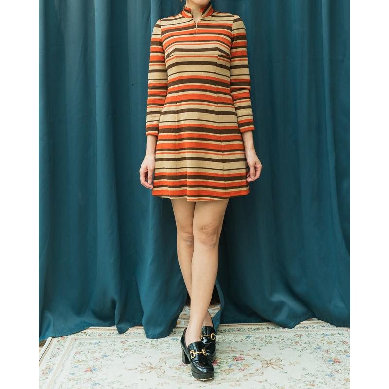 Vintage Japanese 1960s MOD Linear Pattern Brown Orange Tone Mini Skirt Dress (MT1541-11)