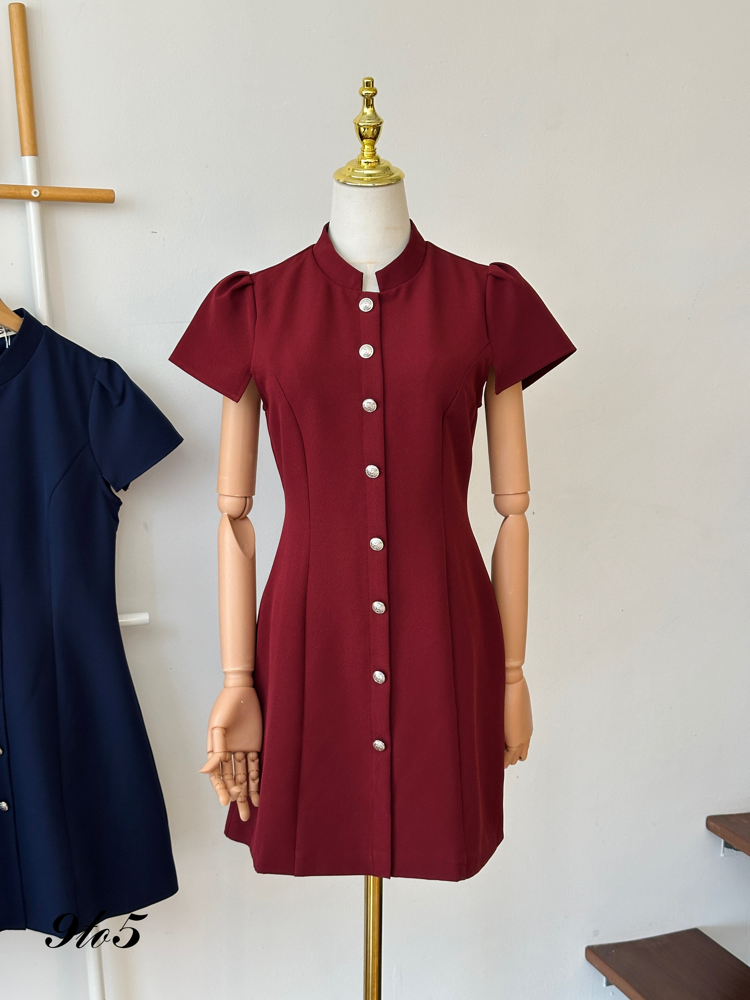 D2313 Puff Sleeve Stand Collar Dress - 3 Colors