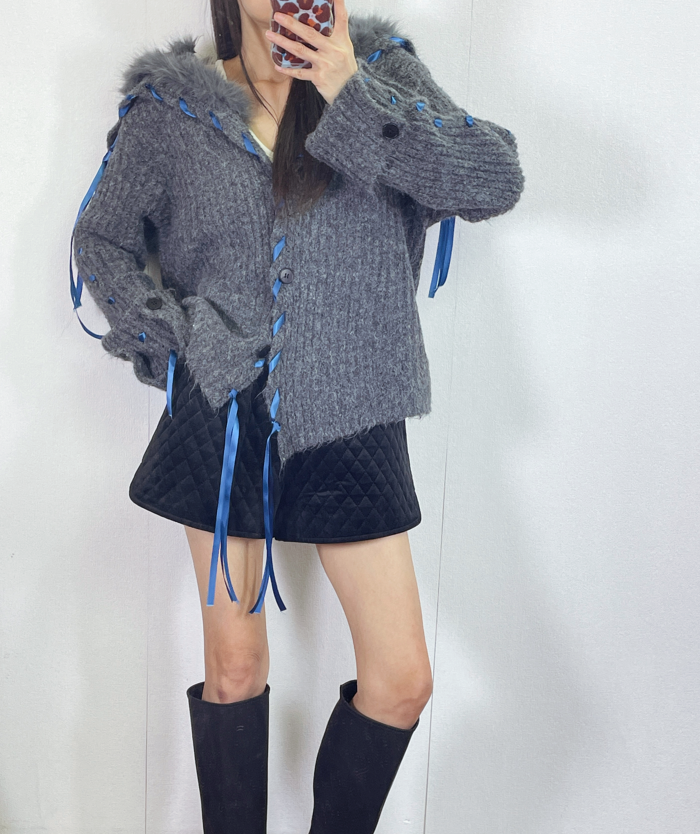 K5531 毛毛領拼絲帶針織外套