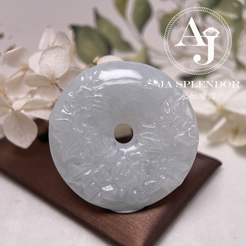 JN-938 天然翡翠A玉 特色白翡牡丹花開富貴平安扣