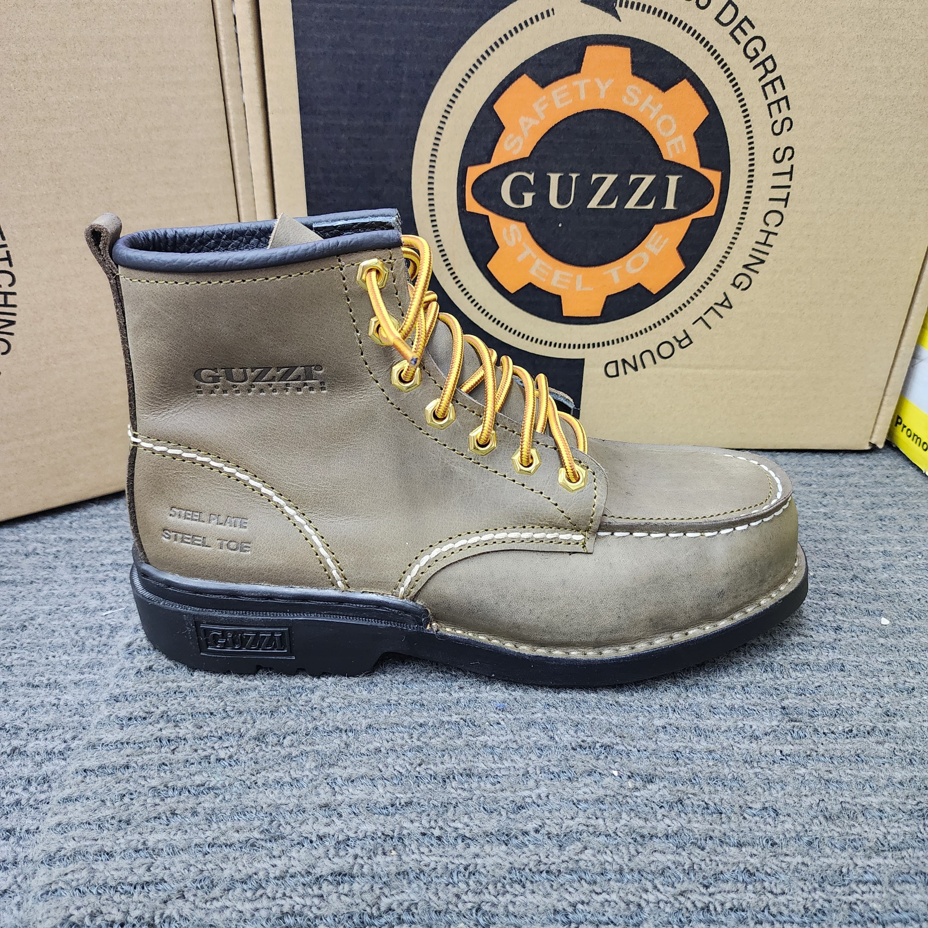 Guzzi Safety Shoes 600 Mid Cut Lace Khaki Dark Brown Steel Plate and Toe's Cap Genuine Leather Kasut Keselamatan