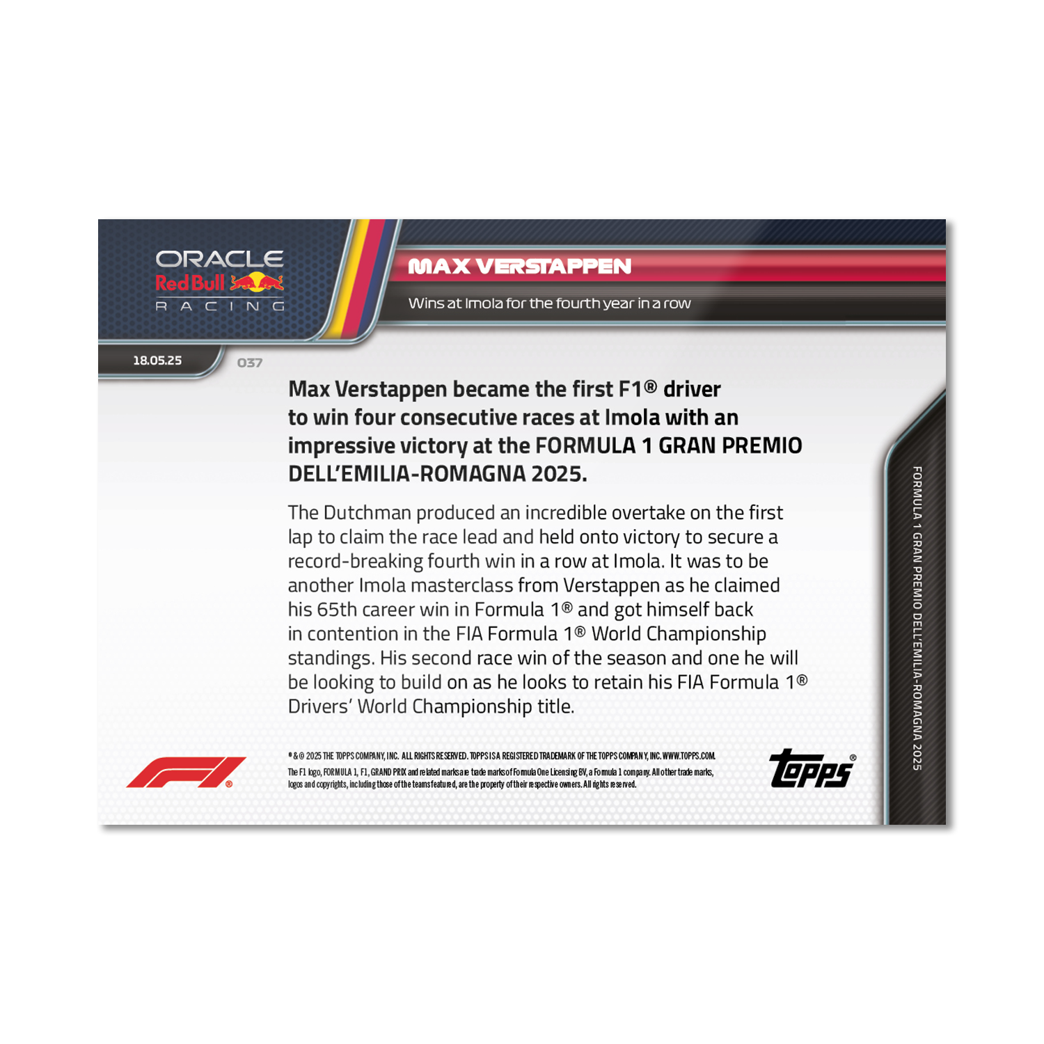 Max Verstappen - 2025 F1 Topps NOW® #37 Emilia-Romagna GP 贏車卡｜PR 2,389