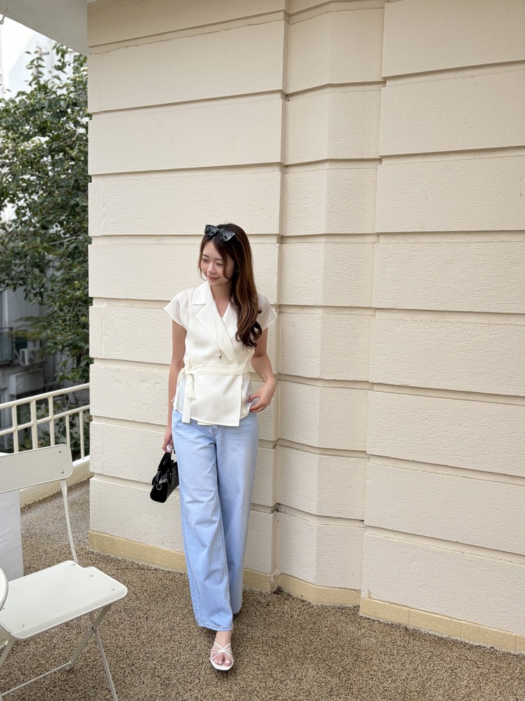 Silky Belted Wrap Blouse (Ivory)