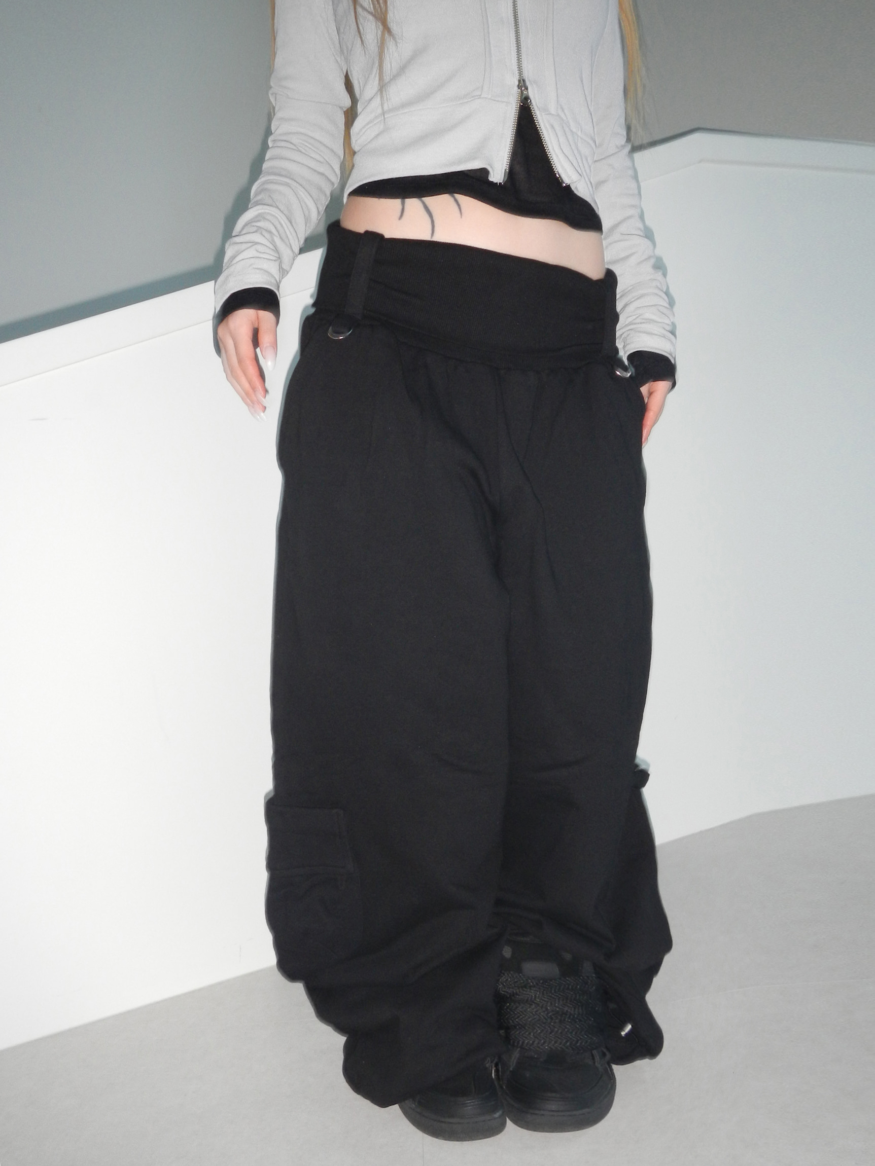 Foldover Wide-Leg Cargo Pants