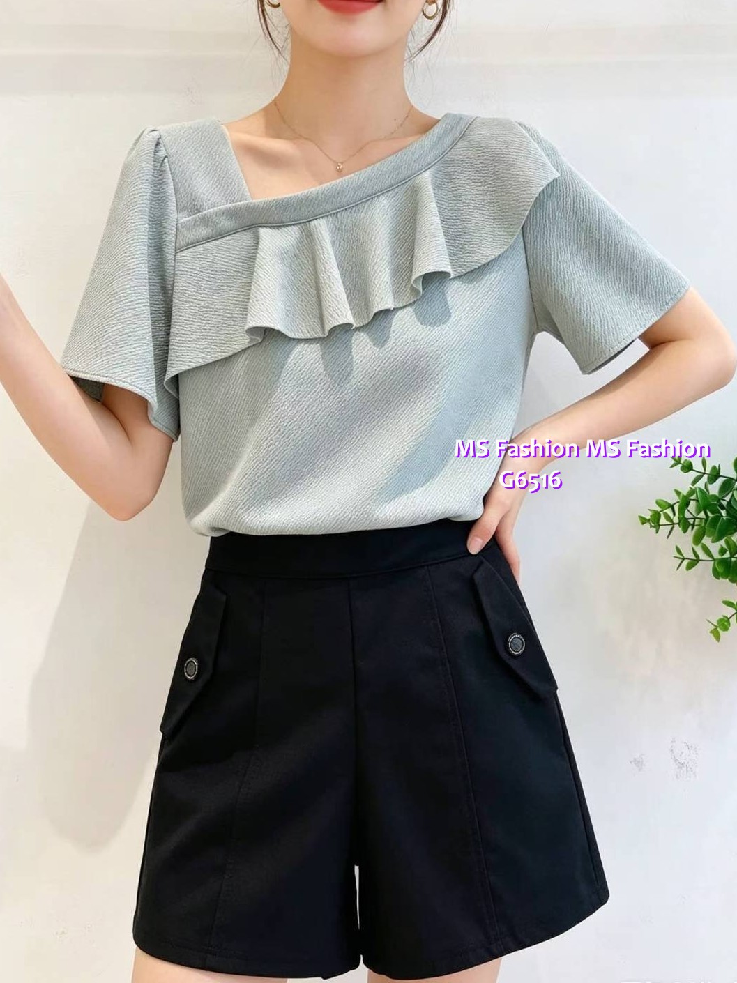G6516 特色領ruffle top