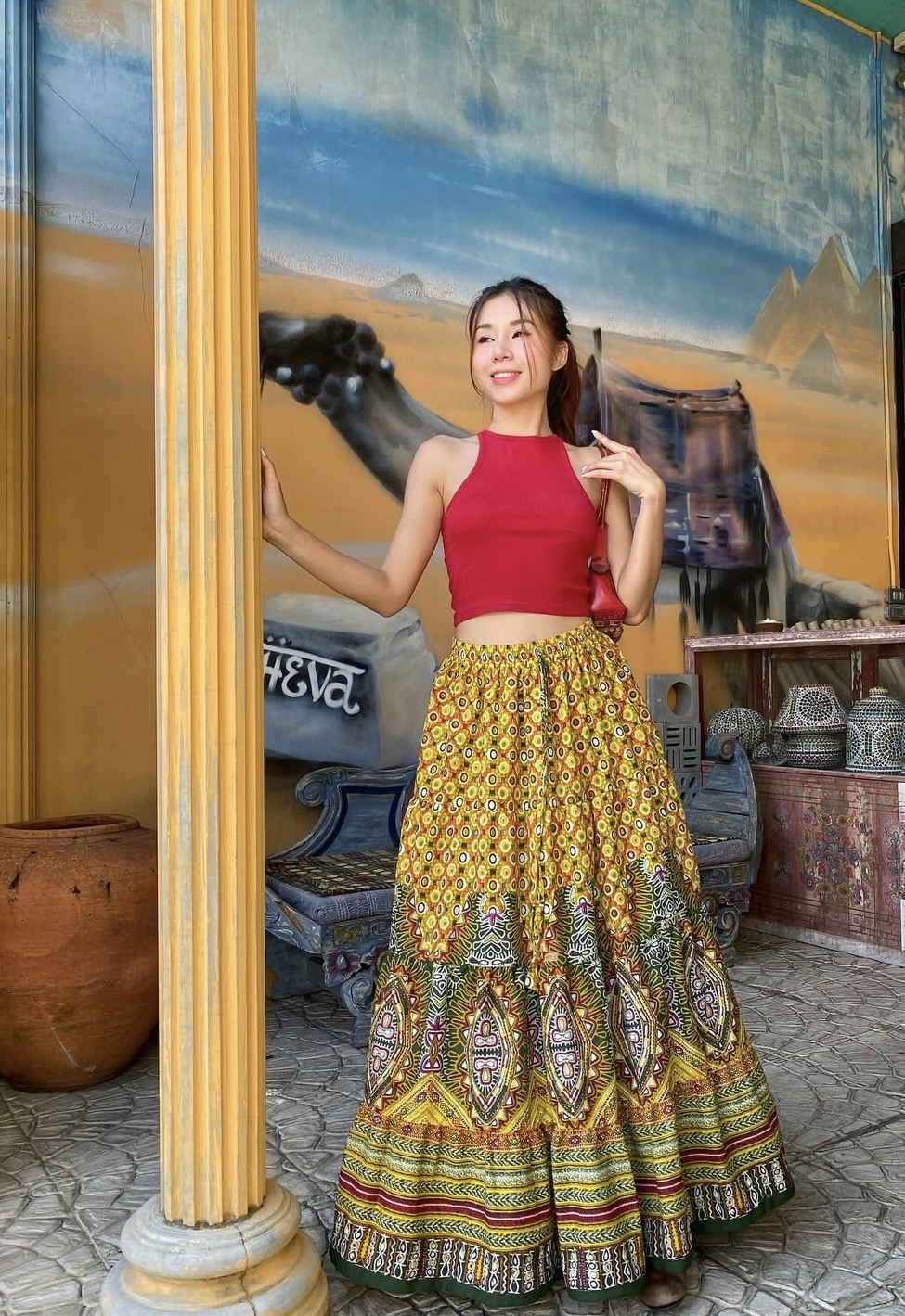 泰國名牌CHEVA - 黃色印花併布半截裙