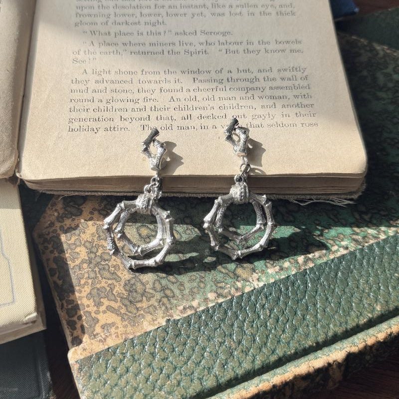 Rare! Vintage C.a. 1950-60s Designer Quality Silver Bamboo Loop Dangle Clip Earrings(MT2298-3)