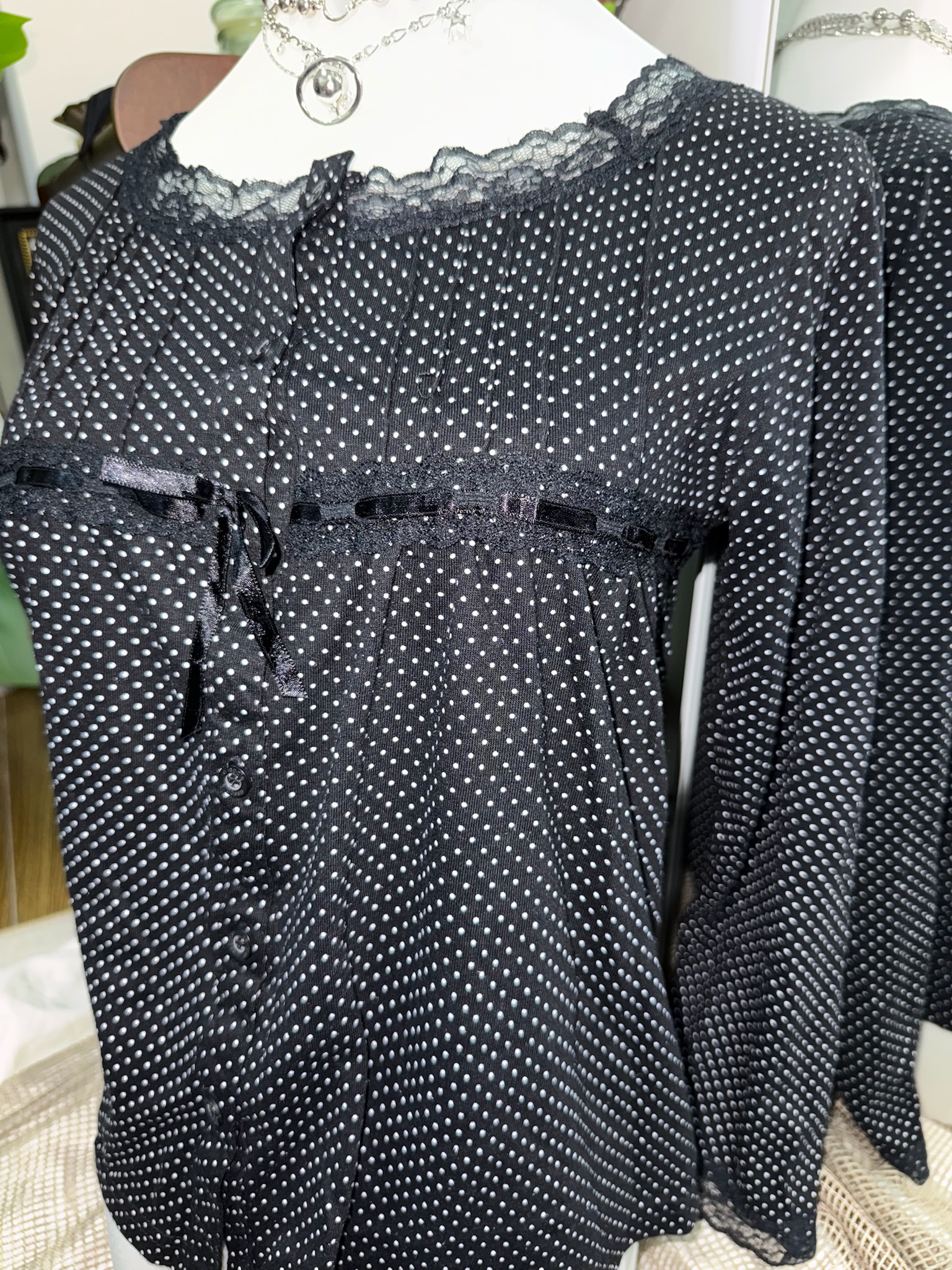 Polka Dot Square Neck Lace Patchwork Top with Bows