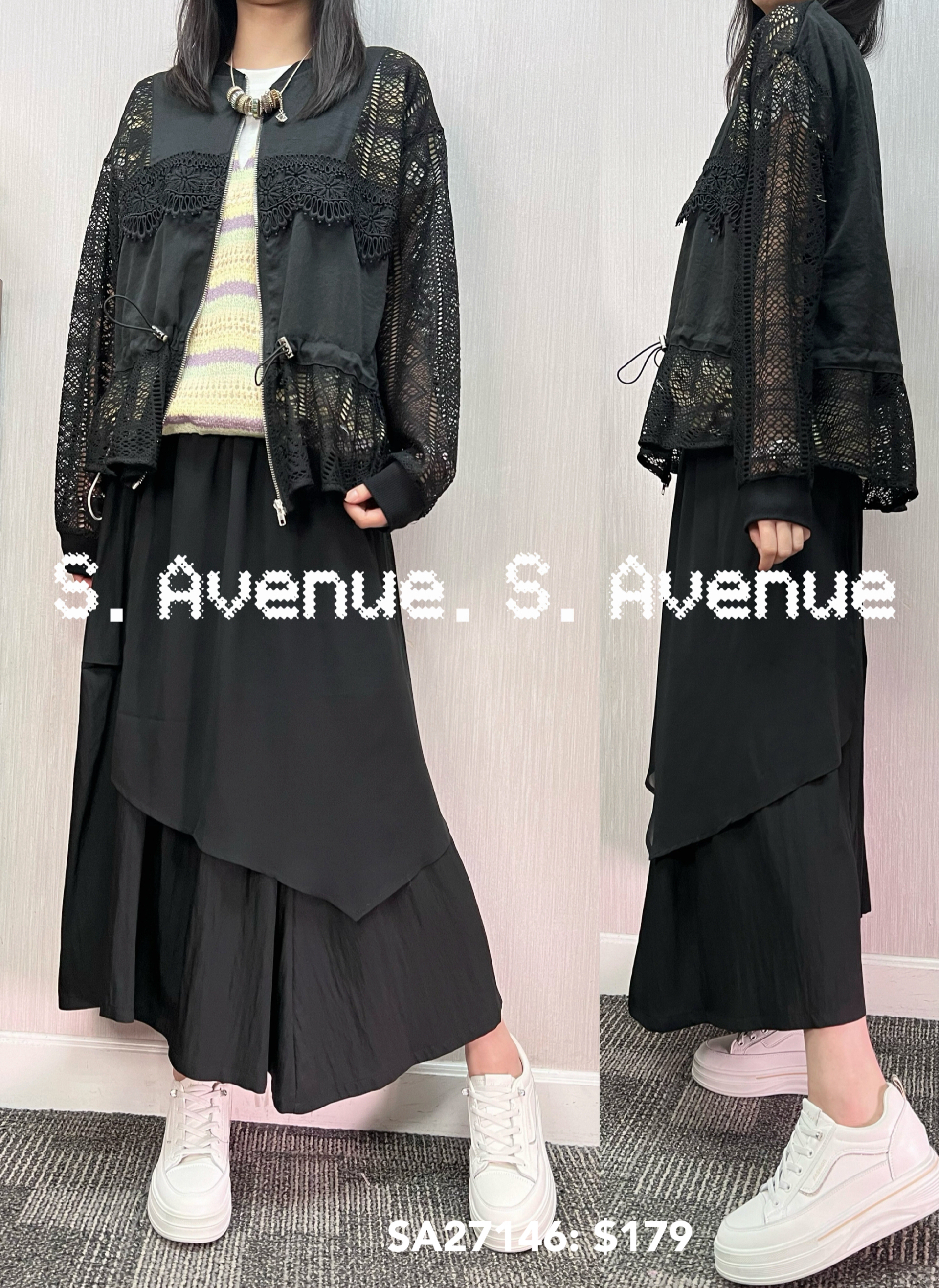 SA27146: 長袖拼lace勾花拉錬外套