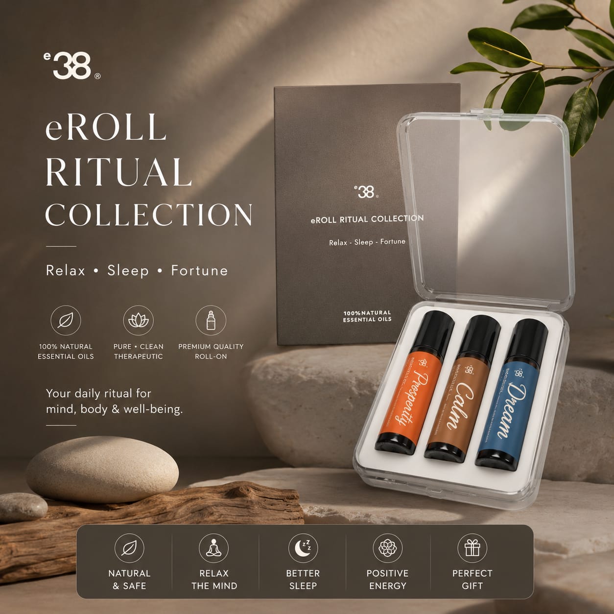 eROLL RITUAL COLLECTION Prosperity Dream Calm Roll-On Essential Oils 3-Pack for Relaxation Sleep & Energy Boost